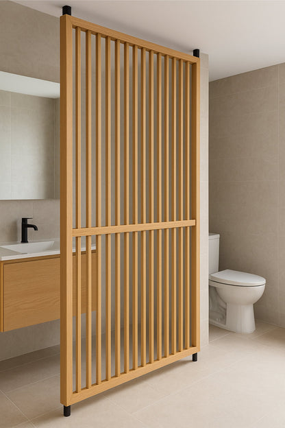 modern wood slat room divider for small apartment
