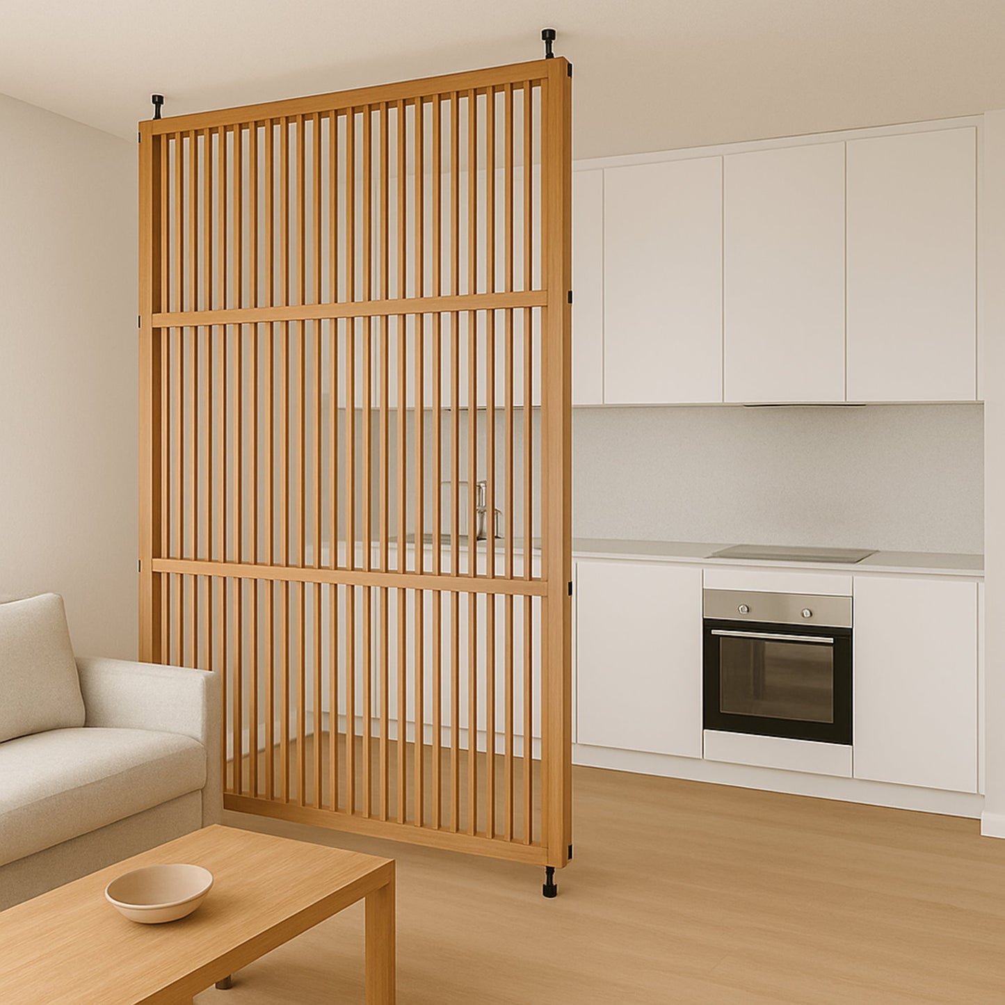 light oak wood room divider in Japandi style living room