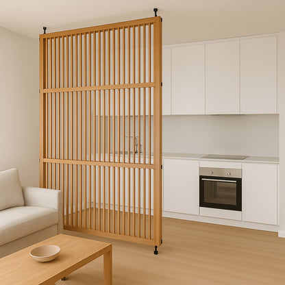 light oak wood room divider in Japandi style living room
