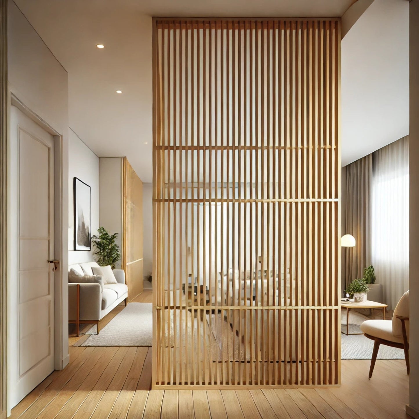 floor to ceiling wood slat partition in modern bedroom