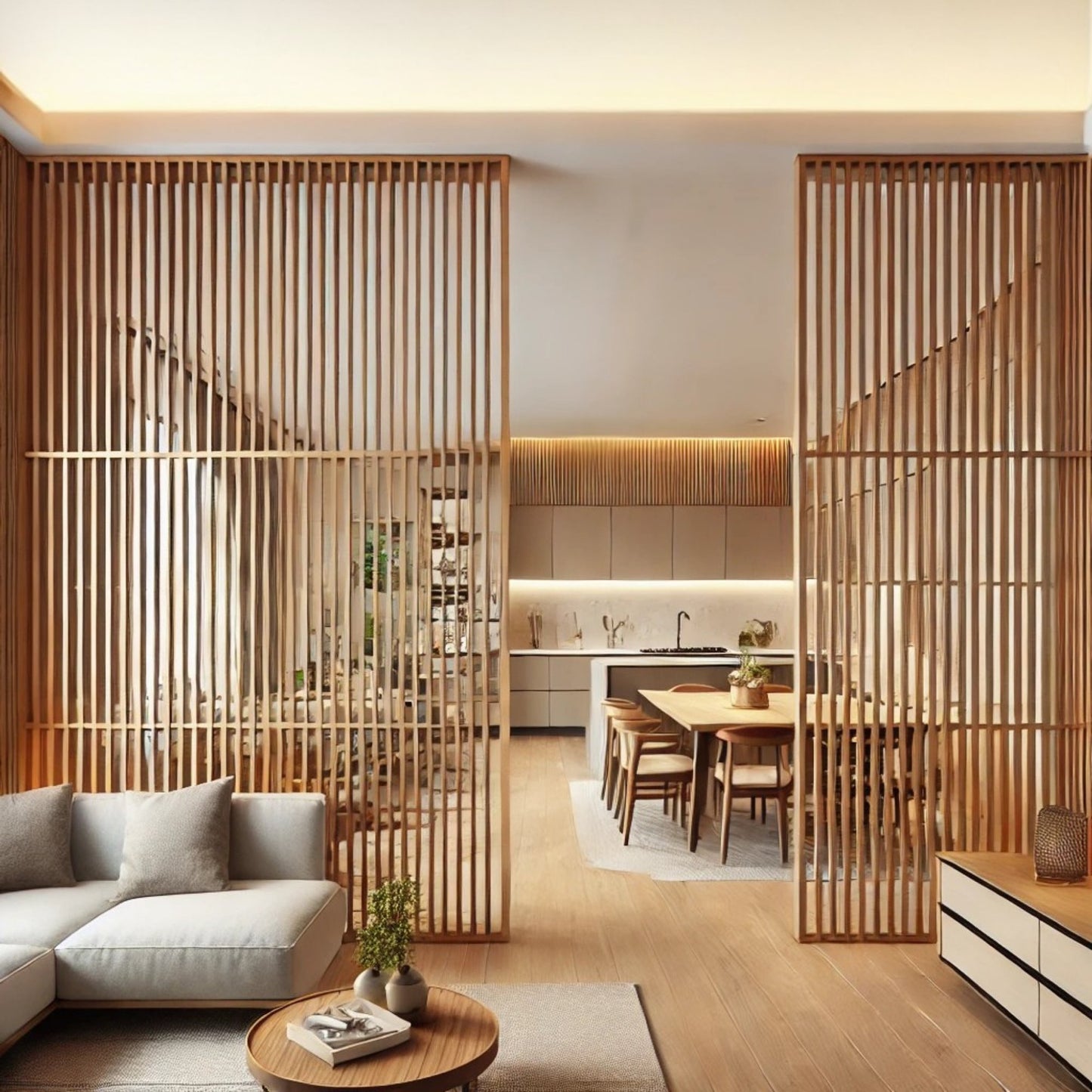 solid wood slat room divider in natural oak finish