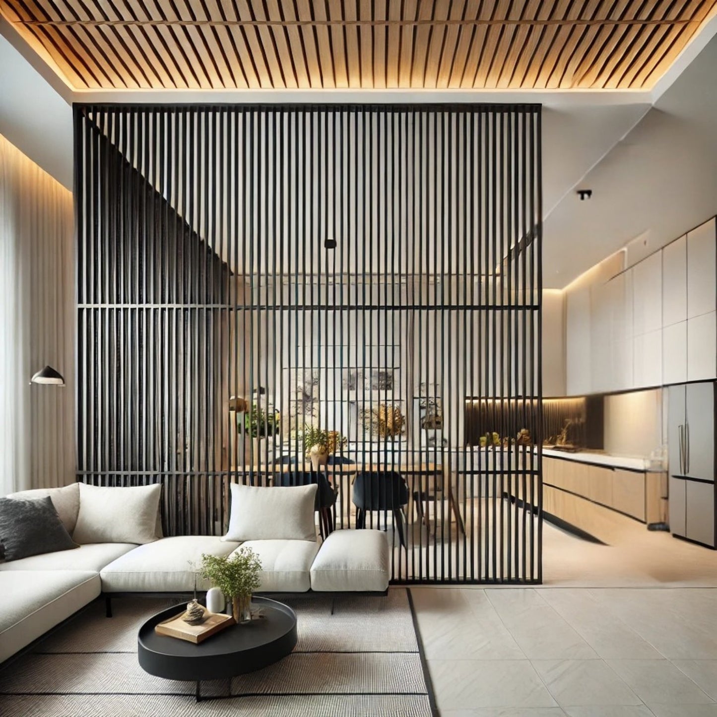 solid wood room divider between kitchen and dining area