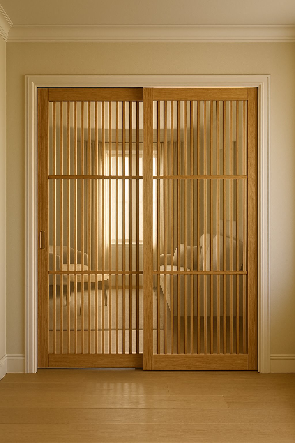 minimalist interior with natural wood privacy screen