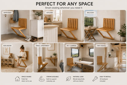 Wall Mounted Folding Chair for Entryway – Wooden Space Saving Seat