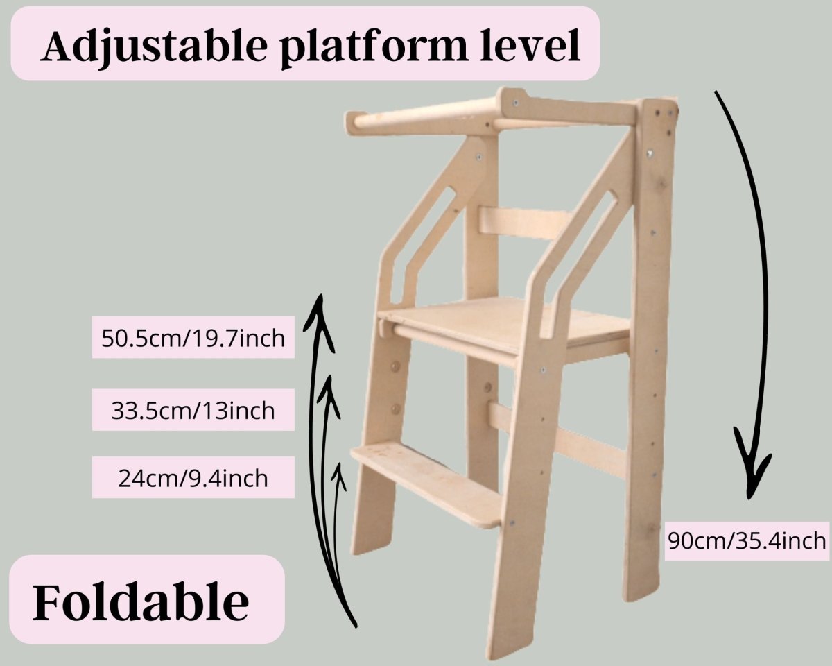 Toddler Chair, Learning Montessori Tower, Foldable Kitchen Baby Furniture, Wooden Kids Waldorf Adjustable Step Stool